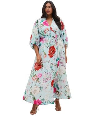 City Chic Plus Size Flora Floral-print V-neck Balloon-sleeve Maxi Dress - White