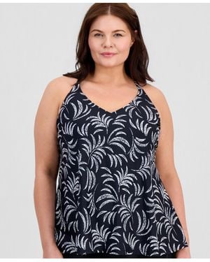 Island Escape Plus Size Racerback V-neck Tankini Top - Blue