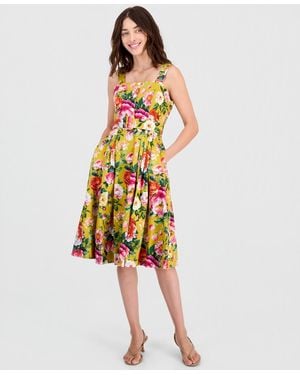 Tahari Printed Square-neck Fit & Flare Dress - Yellow