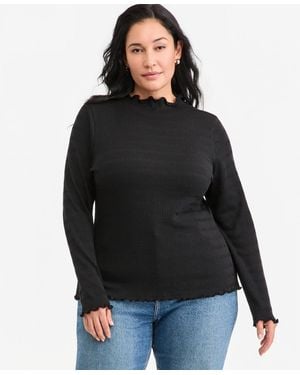 On 34th Plus Size Puckered-rib Funnel Neck Lettuce-edge Top - Black