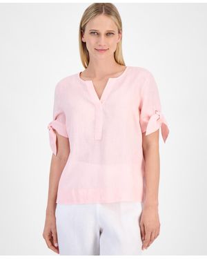 Charter Club 100% Linen Split-neck Tie-cuff Top - Pink
