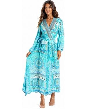 La Moda Clothing Boho Long-sleeve Paisley-print Wrap Maxi Dress - Blue