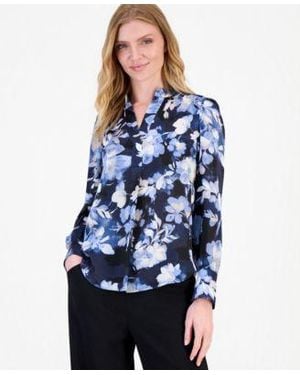 Anne Klein V Neck Pleated Front Blouse - Blue