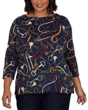 Ruby Rd. Plus Size Equestrian Boat Neck 3/4-sleeve Top - Blue