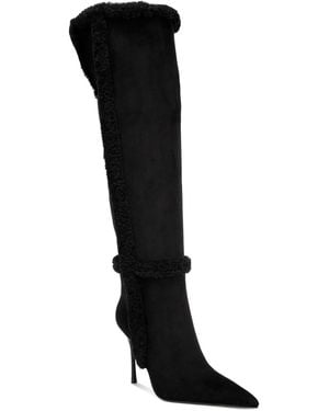 LONDON RAG Jenah Pointed Toe Stiletto Heel Faux Shearling Trim Boots - Black