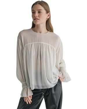 BCBGMAXAZRIA Long-sleeve Sheer Drop-shoulder Blouse - Gray