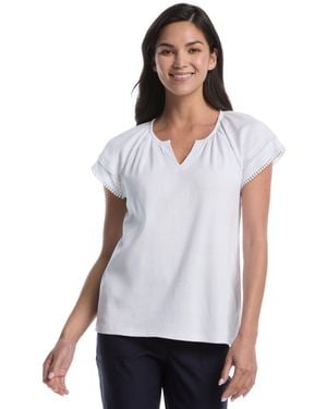 Rafaella Petite Eyelet Flutter Sleeve Split Neck Short Sleeve Top - White