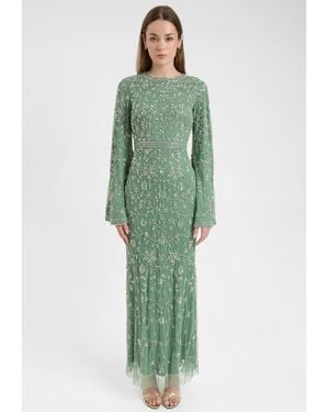 MARYISA Modest Embellished Sequin Beaded With Sleeves Design Maxi Dress - Green