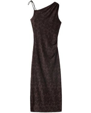 Mango Asymmetrical Devore One Shoulder Floral Dress - Brown