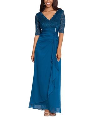 B & A by Betsy and Adam Lace-top Waterfall-detail Gown - Blue