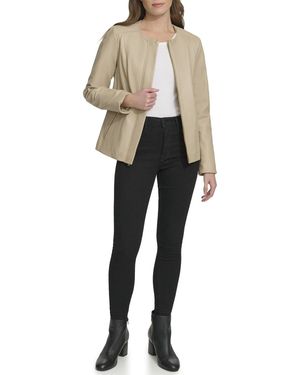Cole Haan Collarless Leather Jacket - Natural