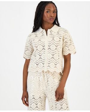 And Now This Petite Sequin Crochet Camp Shirt - Natural