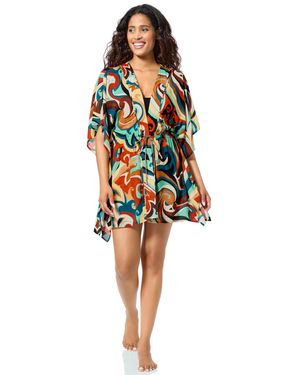 Anne Cole Mod Tropical Tie-front V-neck Kaftan Swimsuit Dress - Multicolor