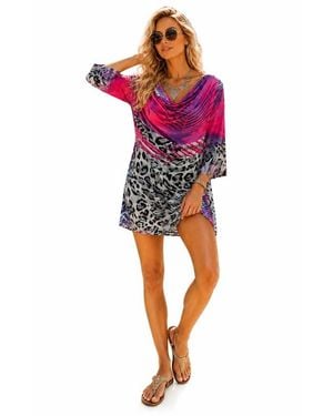 La Moda Clothing Boho Cowl-neck Animal-print Tunic Top - Black