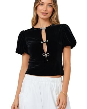 Modenaire Velvet Puff Sleeve Keyhole Rhinestone Bow Top - Black