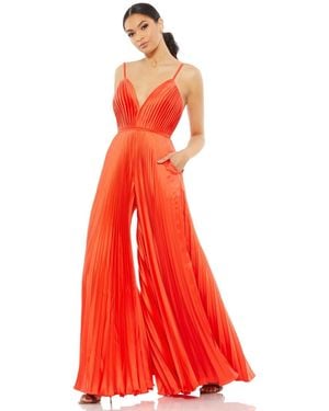 Mac Duggal Pleated Plunge Neck Wide Leg Jumpsuit - Red