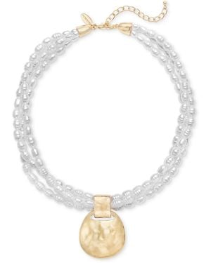 Style & Co. Gold-tone Disc Pendant Beaded Imitation Pearl Multi-row Necklace - White