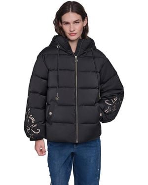 KARL LAGERFELD Floral-embroidered Short Hooded Puffer Jacket - Blue