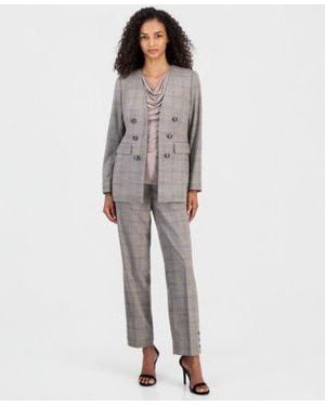 Anne Klein Faux Double Breasted Jacket Pleated Cowl Neck Sleeveless Top Mid Rise Straight Leg Ankle Pants - Gray