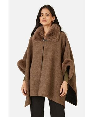 Yumi' Luxe Fur Collared Cape Jacket - Brown