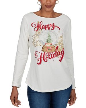 Ruby Rd. Boat-neck Long-sleeve Holidays Top - White