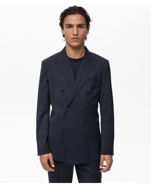 Mango Cold Wool Double-breasted Suit Blazer - Blue