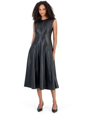 Anne Klein Pleated Neck A-line Midi Faux Leather Dress - Blue