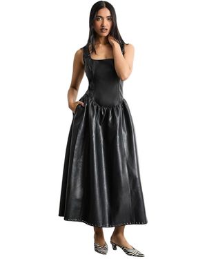 Warehouse Faux Leather Whipstitch Trim Midi Dress - Black