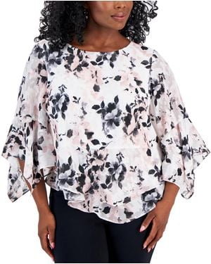 Alex Evenings Plus Size Scoop-neck Tiered Ruffled Blouse - Gray