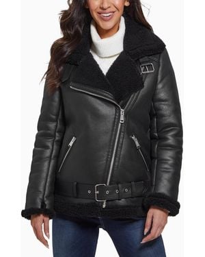 Guess Faux-shearling Asymmetric Moto Coat - Black