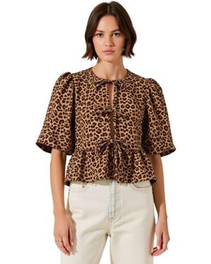 Modenaire Leopard-print Front-tie Puff-sleeve Peplum Top - Brown