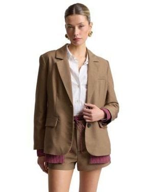 Avec Les Filles Relaxed Notch Lapel Collar Blazer Stripe Shirt Double Waistband Mid Rise Shorts - Brown