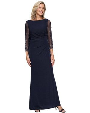 Alex Evenings Boat Neck Long Metallic Knit Ball Gown - Blue