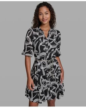 KARL LAGERFELD Printed Belt Collared Dress - Gray