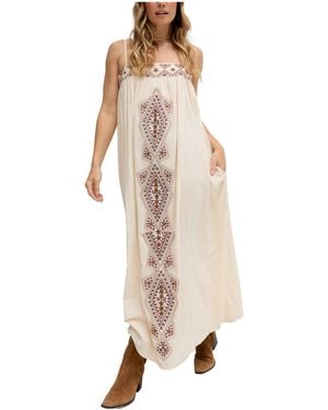 Raffya Sapphire Spaghetti Strap Embroidered Maxi Dress - Natural
