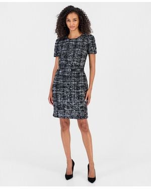Anne Klein Puff Sleeve Plaid Midi Dress - Blue
