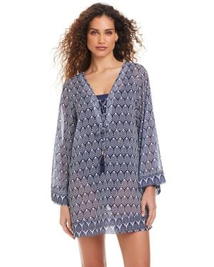 Beyond Control Front Tie V-neck Swim Cover Up Shirt - Blue