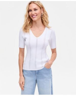 INC International Concepts V-neck Short Sleeve Ribbed Knit Sweater - White
