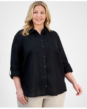 Charter Club Plus Size 100% Linen Roll-tab Shirt - Black