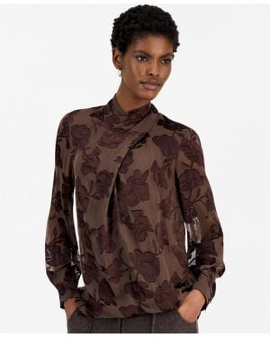 Tahari Tiffany Floral Twist-neck Long-sleeve Blouse - Brown