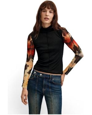 Desigual Slim Printed-sleeve Mesh Long-sleeve T-shirt - Black