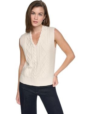 DKNY Cable Knit V-neck Hi-low Sweater - White