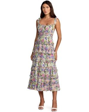 Mac Duggal Color Floral Ruffle A-line Cotton Midi Dress - White
