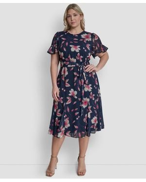 DKNY Plus Size Jewel Neck Fit & Flare Midi Dress - Blue