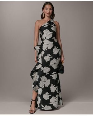 Donna Karan Floral One-shoulder Ruffle Evening Gown - Gray
