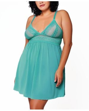iCollection Plus Size 2 Piece Soft Cup Lace Baby Doll Lingerie Set - Blue