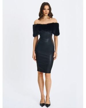 Miss Circle Bellis Fur Trim Mesh Panel Off-shoulder Midi Dress - Blue