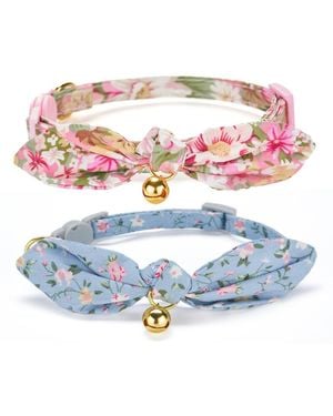 Aronkl Bowtie Cat Collar With Bell Breakaway Kitten Collars Removable Bow Cotton Stylish - Blue