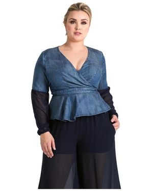 Standards & Practices Plus Size Denim Puff Sleeve Wrap Top - Blue