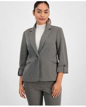 Anne Klein Essentials Ak Anne Klein Petite Houndstooth-print Roll-tab Blazer - Gray